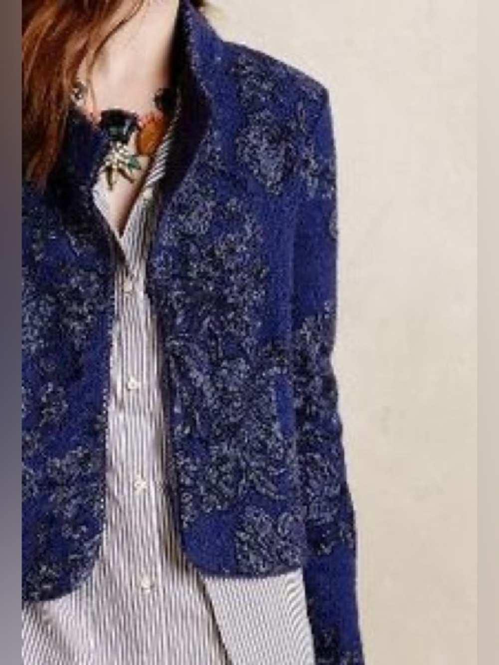 Anthropologie Knitted & Knotted blue floral brocade jacquard open front jacket M